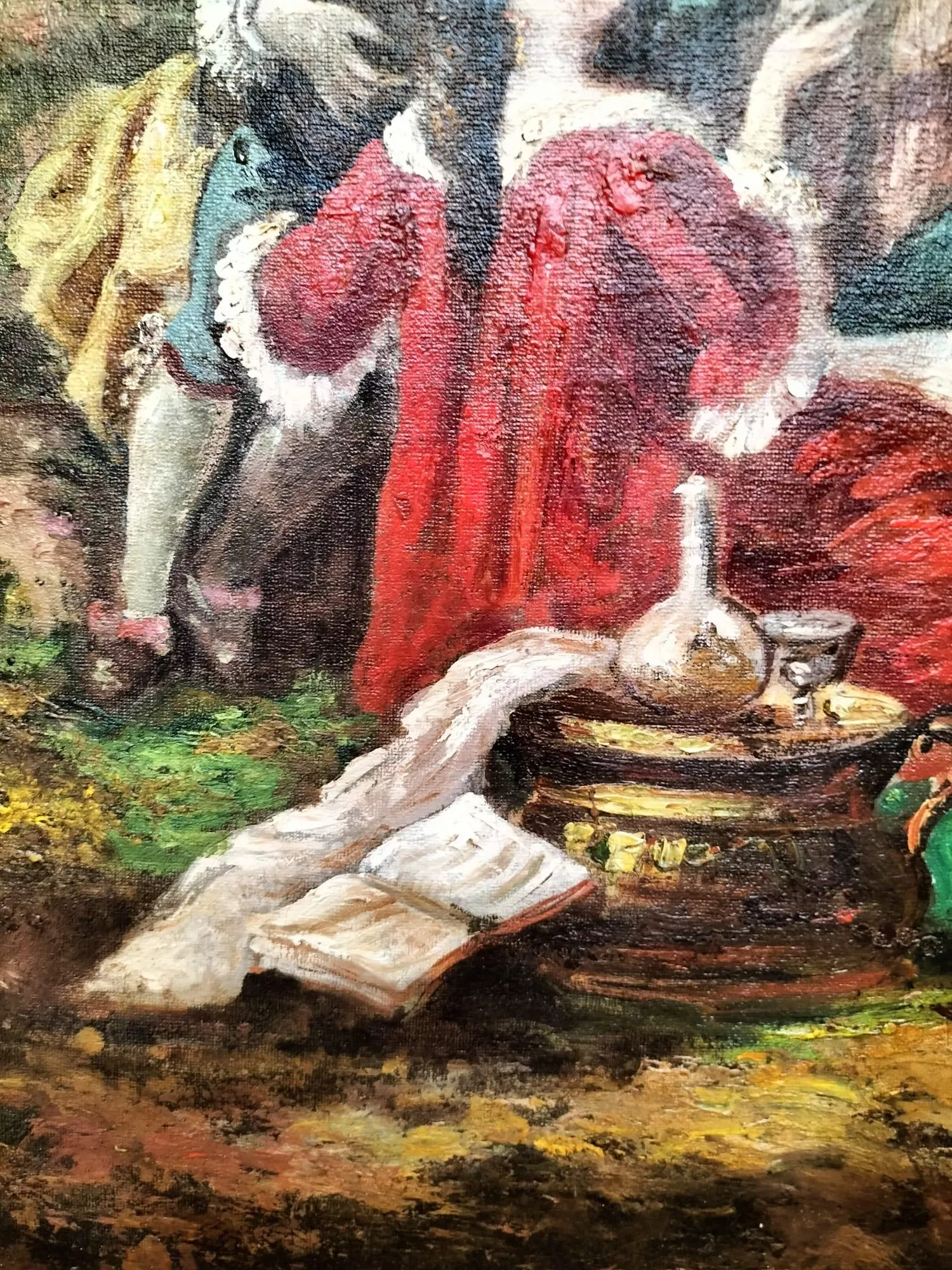 Large Oil-on-Canvas Painting of Aristocrats in a Lush Garden, 19th Century