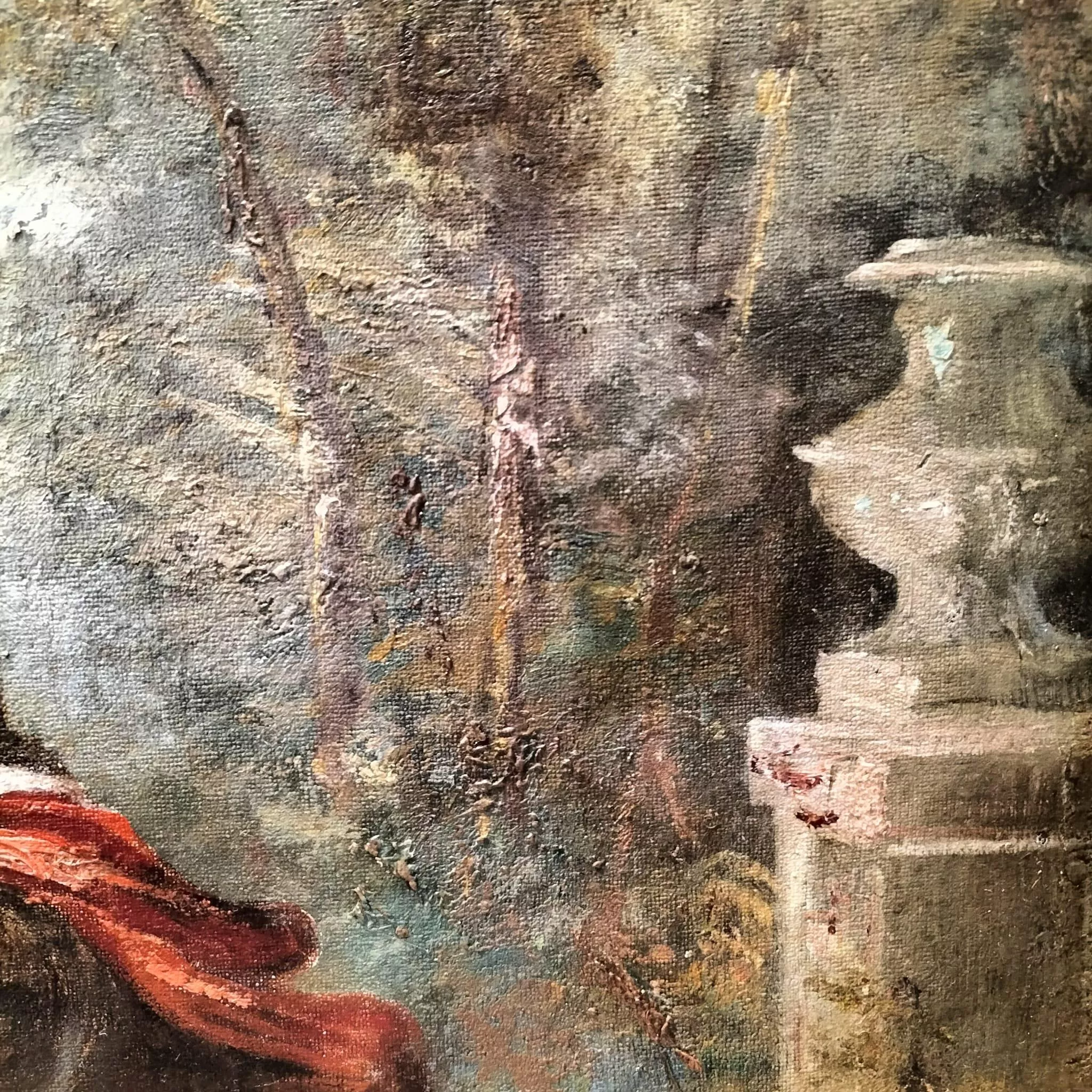 Large Oil-on-Canvas Painting of Aristocrats in a Lush Garden, 19th Century
