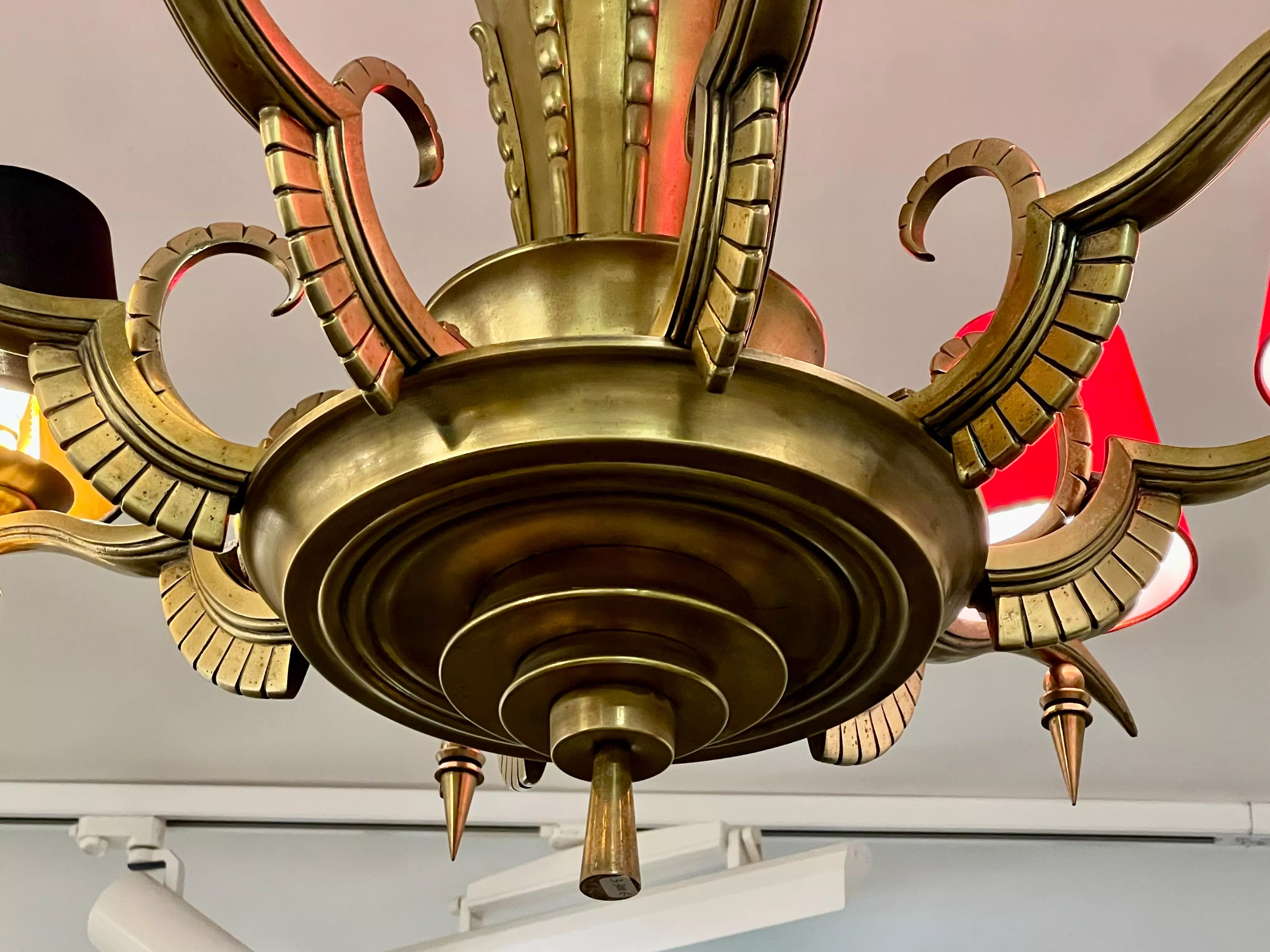 Eight-Armed Chandelier with Red or Black Lampshades, Art Deco, Mid-20th Century