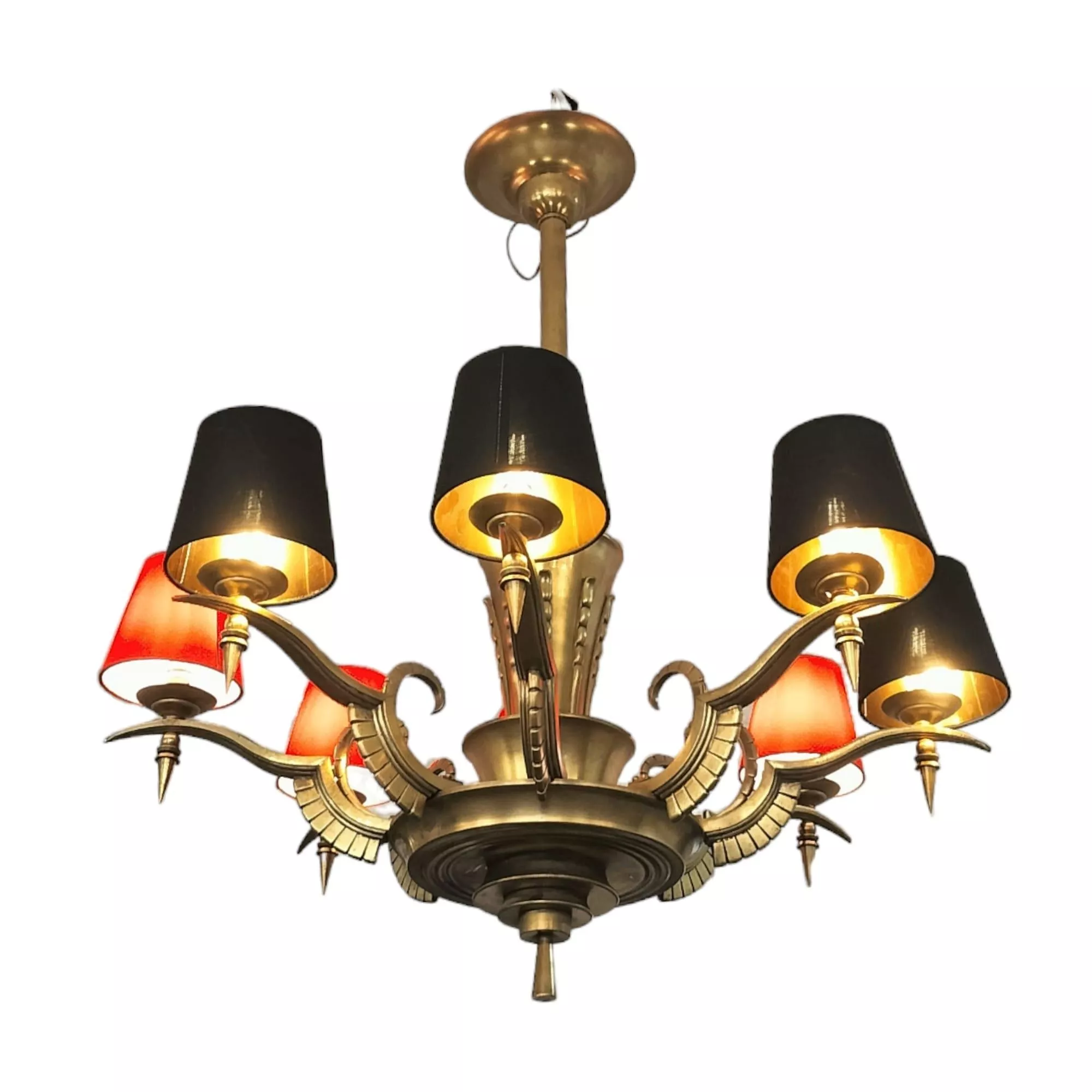 Eight-Armed Chandelier with Red or Black Lampshades, Art Deco, Mid-20th Century