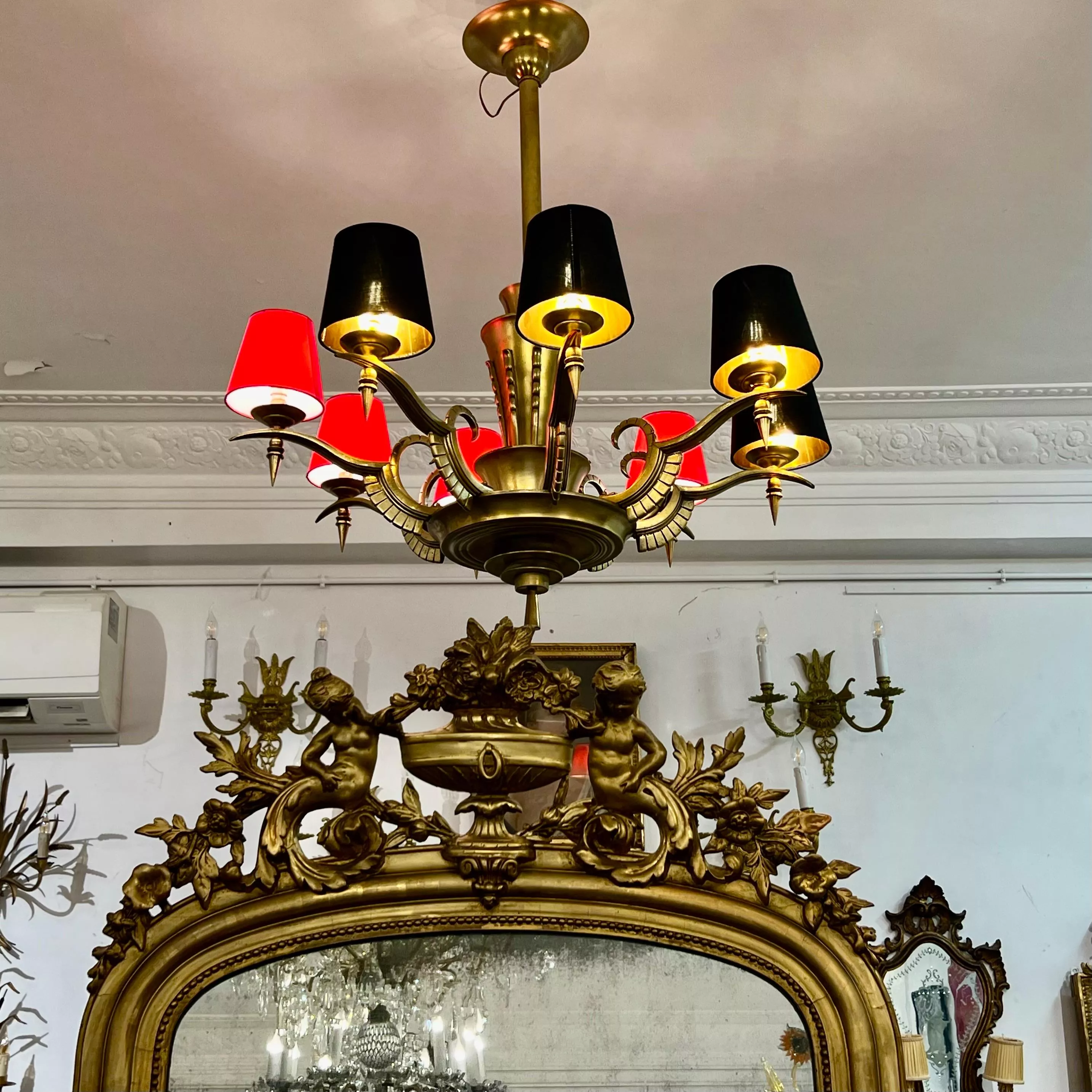 Eight-Armed Chandelier with Red or Black Lampshades, Art Deco, Mid-20th Century