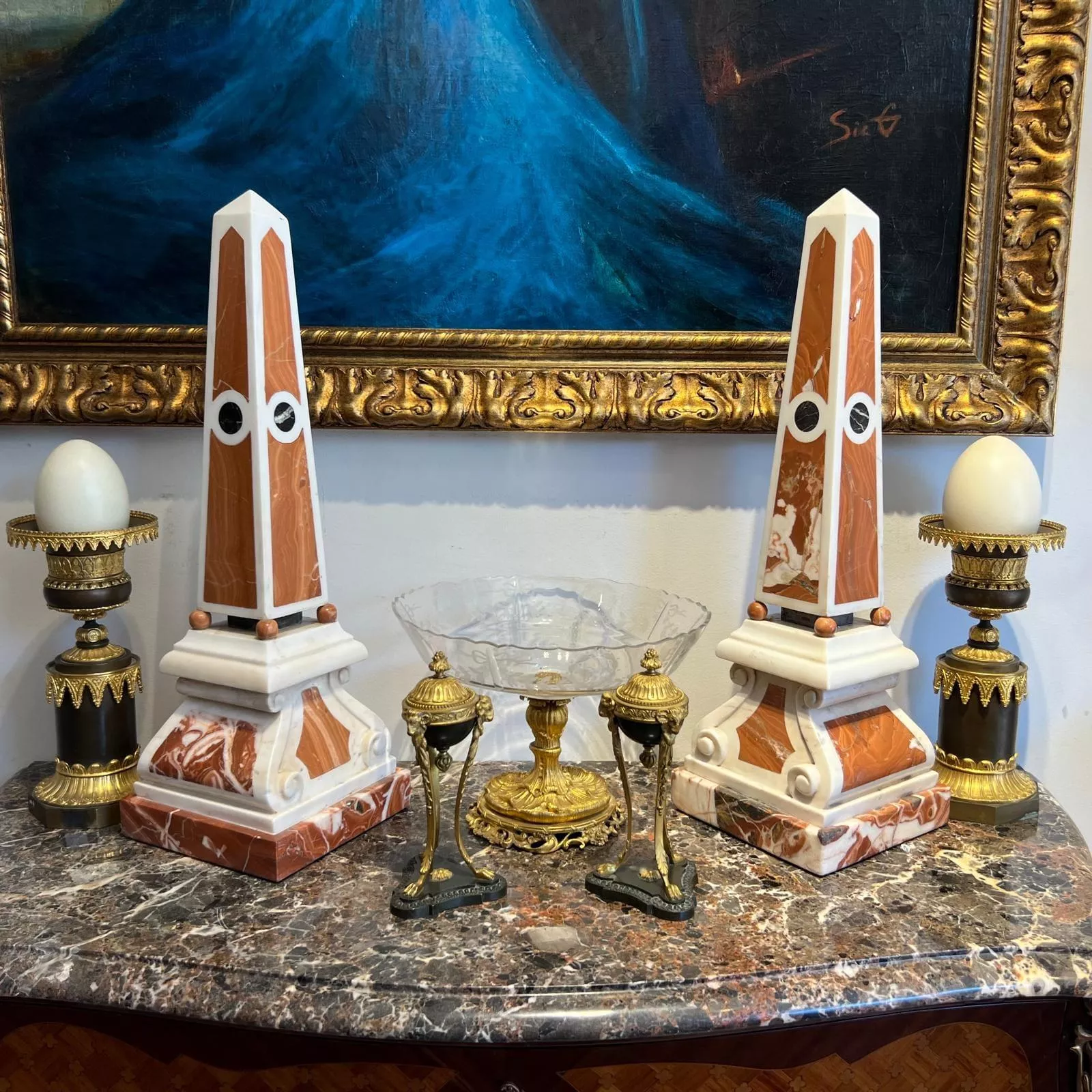 19th Century Pair of Obelisks in Carrara Marble, Sicilian Jasper & Black Portoro