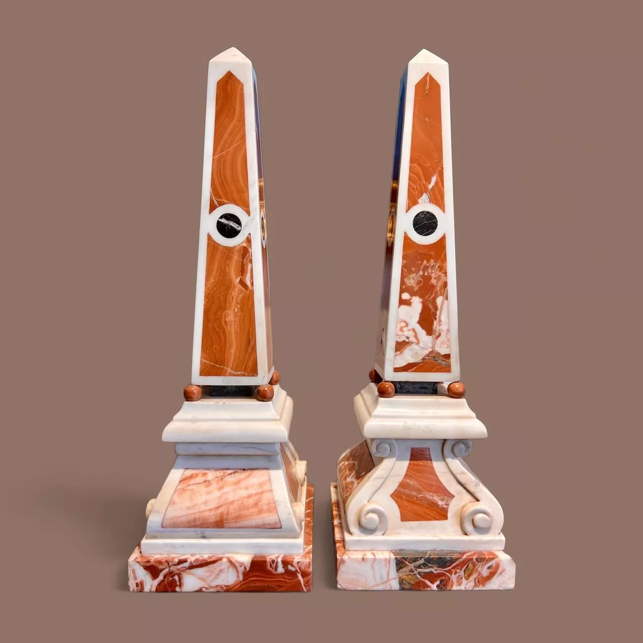 19th Century Pair of Obelisks in Carrara Marble, Sicilian Jasper & Black Portoro