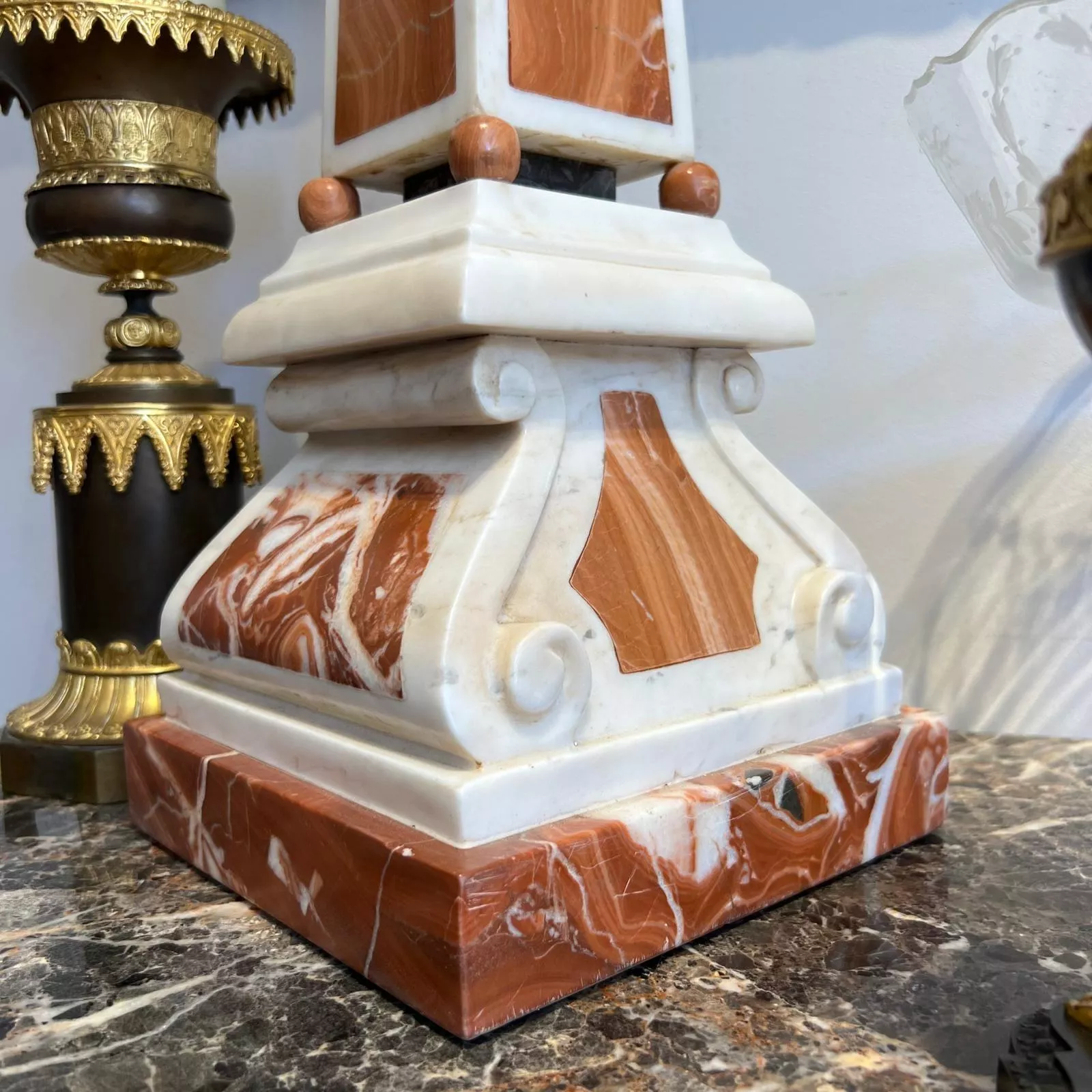 19th Century Pair of Obelisks in Carrara Marble, Sicilian Jasper & Black Portoro