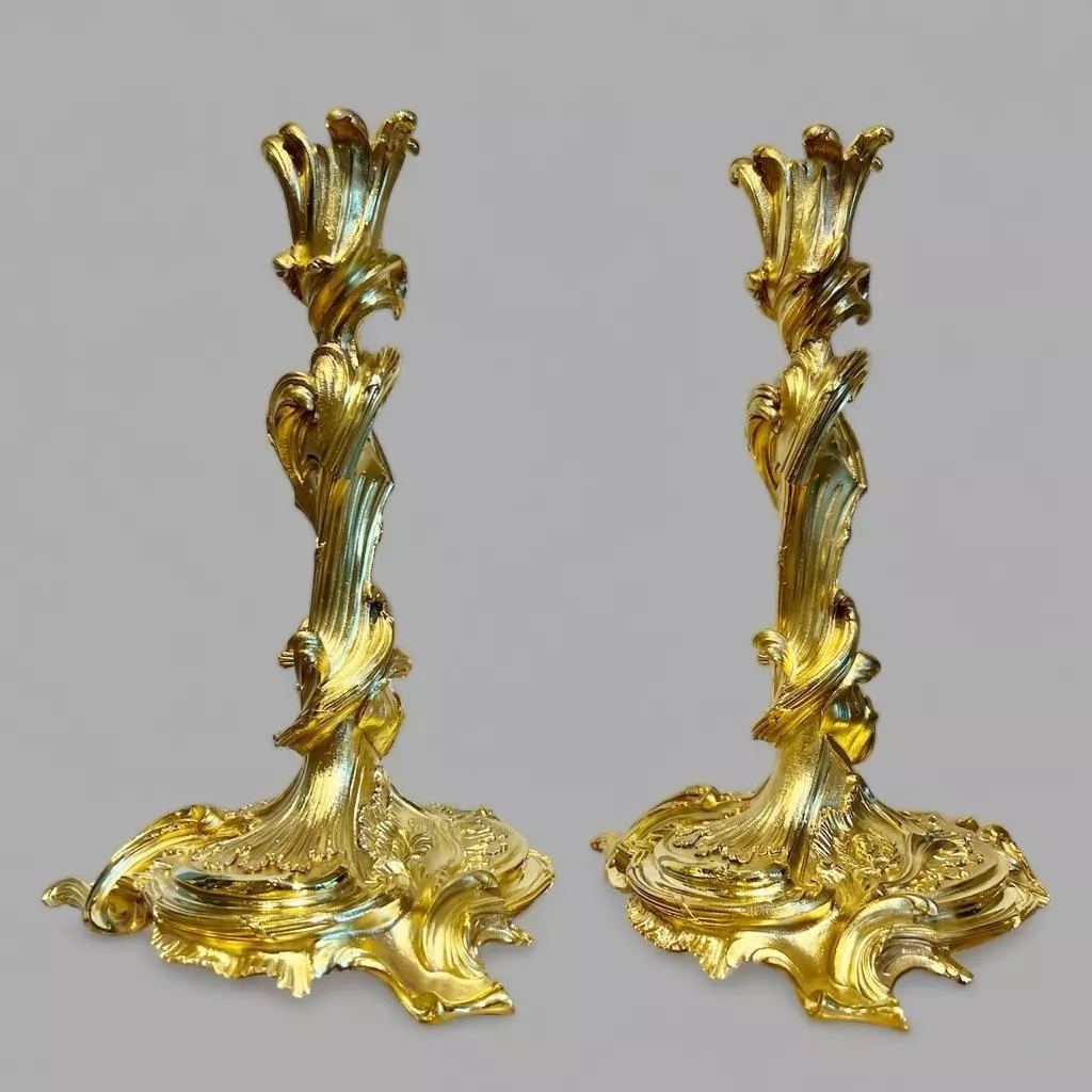 19th Century Pair of Gilt Bronze Candlesticks after a model by Meissonnier