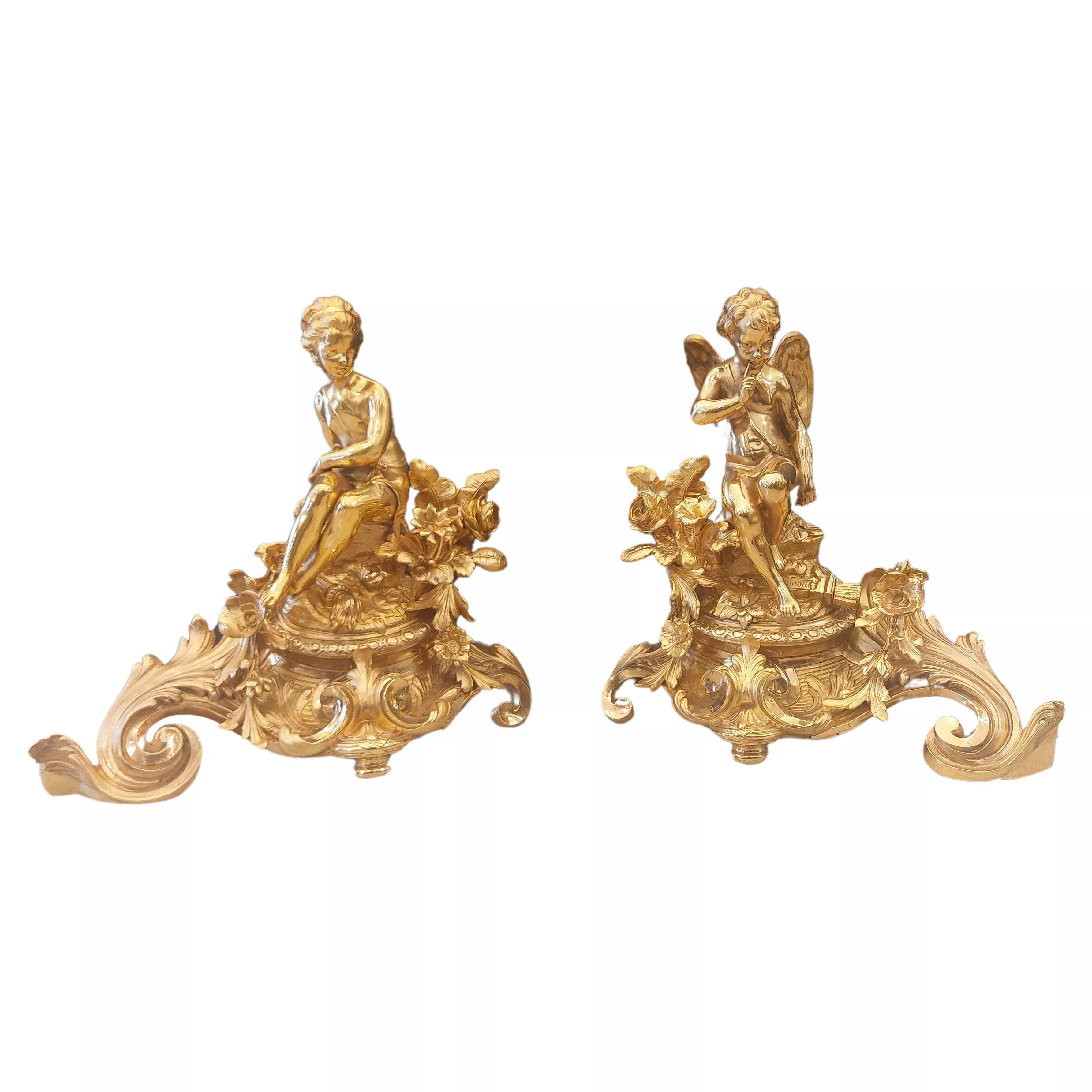 Pair of gilt bronze sculptures of Cupidon and Psyché, 19th century