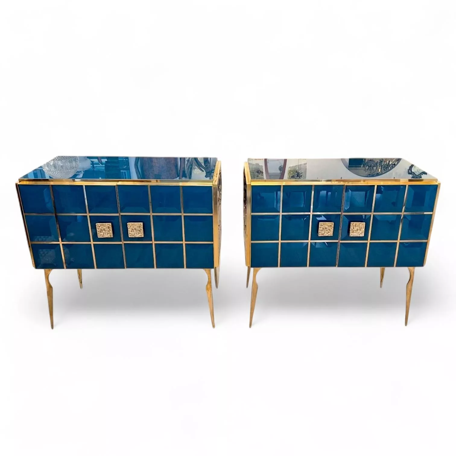 Pair of Faceted Turquoise Murano Glass and Gilded Brass Consoles, Circa 196070