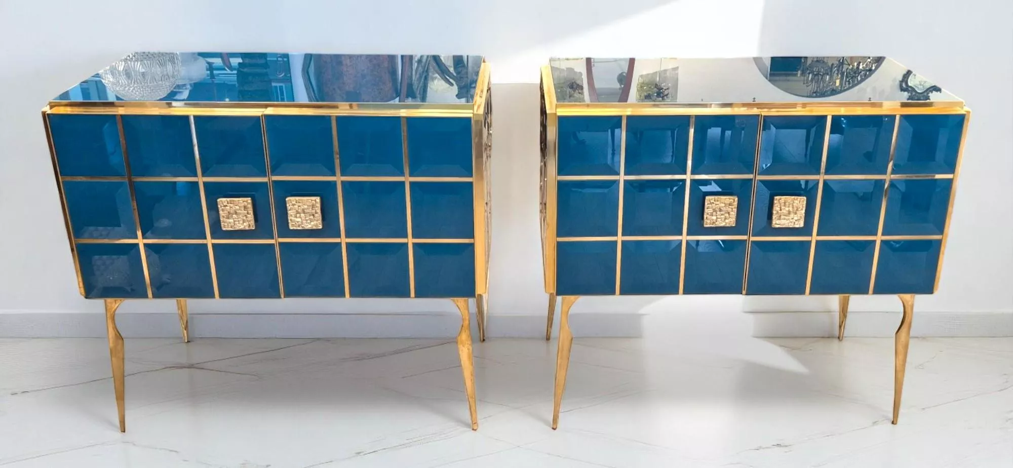 Pair of Faceted Turquoise Murano Glass and Gilded Brass Consoles, Circa 196070