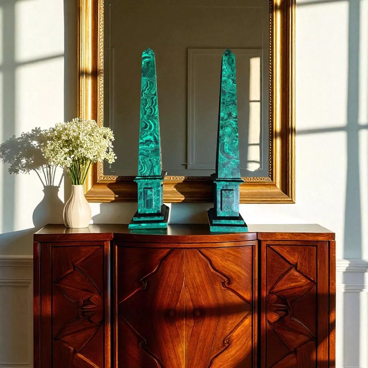 Elegant pair of malachite obelisks, 60 cm high, 19th century