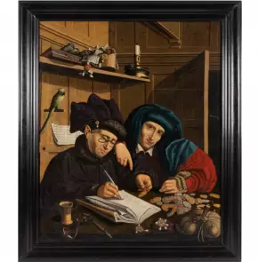 Peinture de collecteurs d`impôts ou de publicains. Disciple de Marinus van Reymerswaele. Tour du XVIIeXVIIIe siècle.