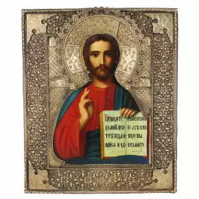 Icône Christ Pantocrator avec un oklad en argent de la fabrique d`Ivan Semionovitch Goubkine Moscou, 1865