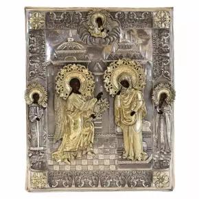 Rare icône de l`Annonciation dans un cadre en argent doré par Ivan Semyonovich Gubkin, Russie, années 1840.