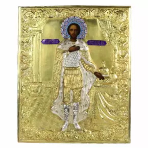 ICÔNE DE SAINT ALEXANDRE NEVSKI EN OKLAD D’ARGENT AVEC ÉMaux. RUSSIE, 1895
