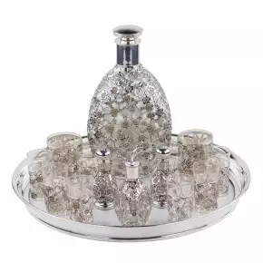 НАБОР ДЛЯ ЛИКЁРА С АЖУРНОЙ СЕРЕБРЯНОЙ НАКЛАДКОЙ ЯПОНИЯ, СЕРЕДИНА XX ВЕКА