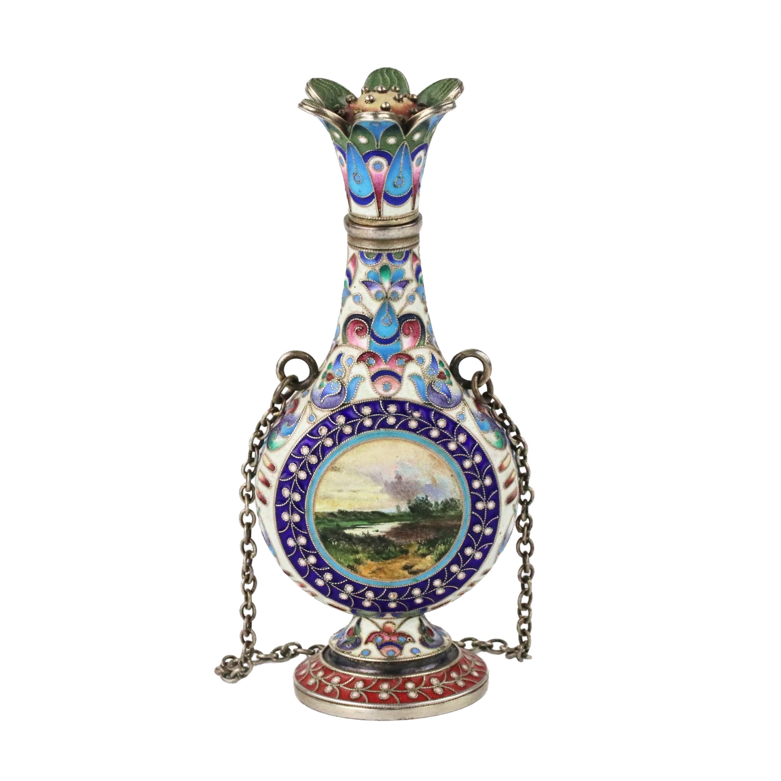 Silver-perfume-bottle-in-cloisonne-enamel-with-painted-miniatures-