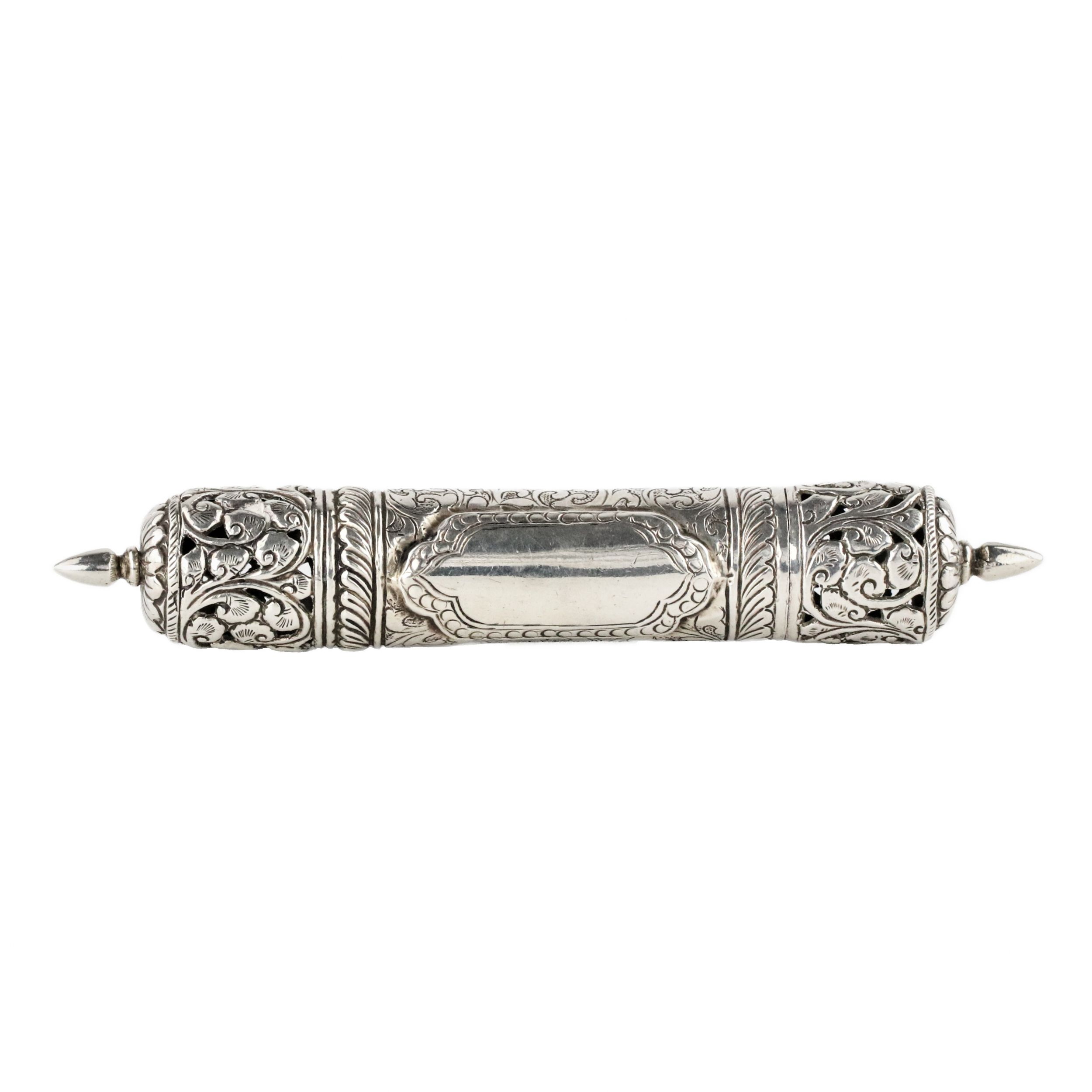 Cylindrical-Megillah-case-in-openwork-silver-with-floral-motifs-