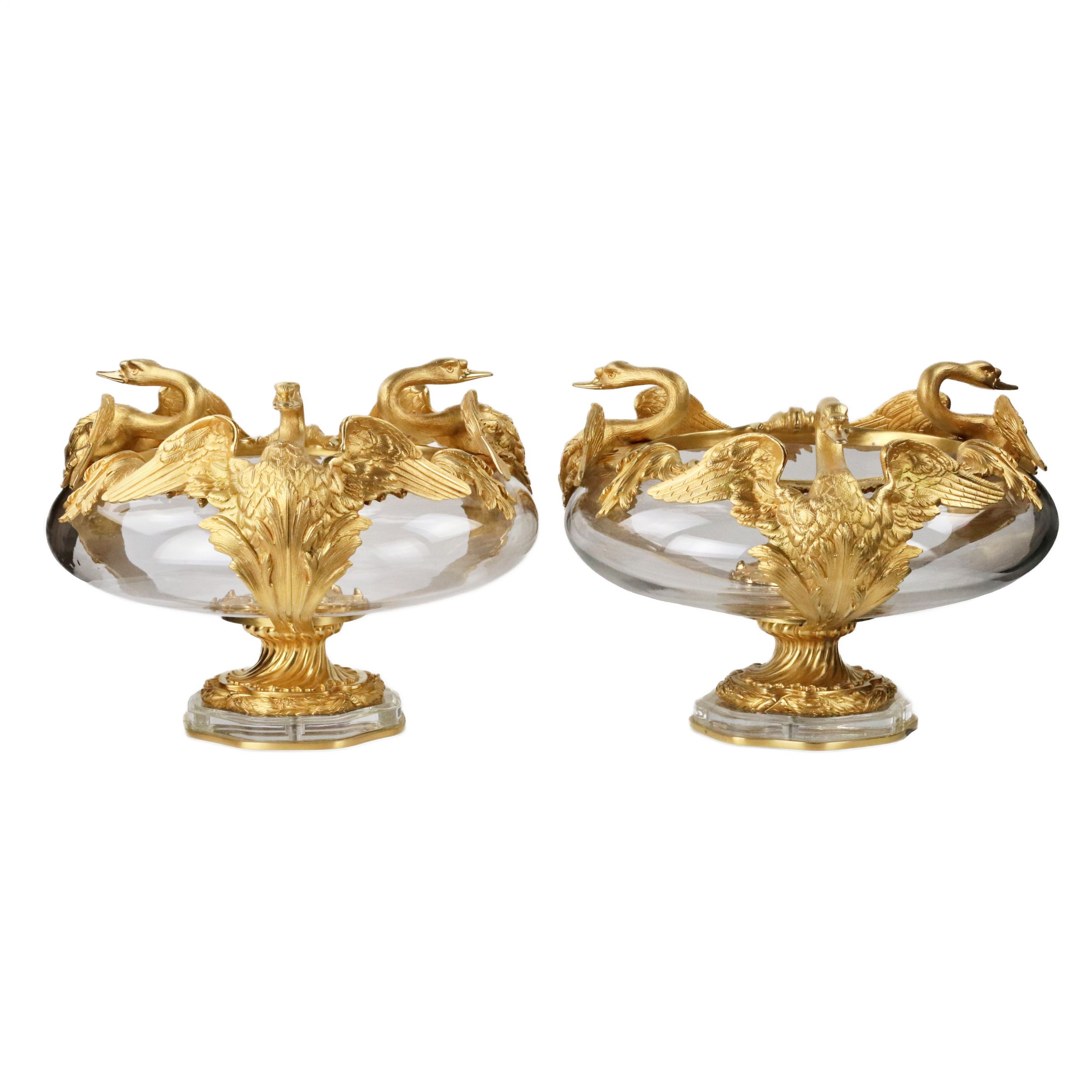 Pair-of-round-vases-in-cast-glass-and-gilded-bronze-with-swans-motif-France-20th-century-
