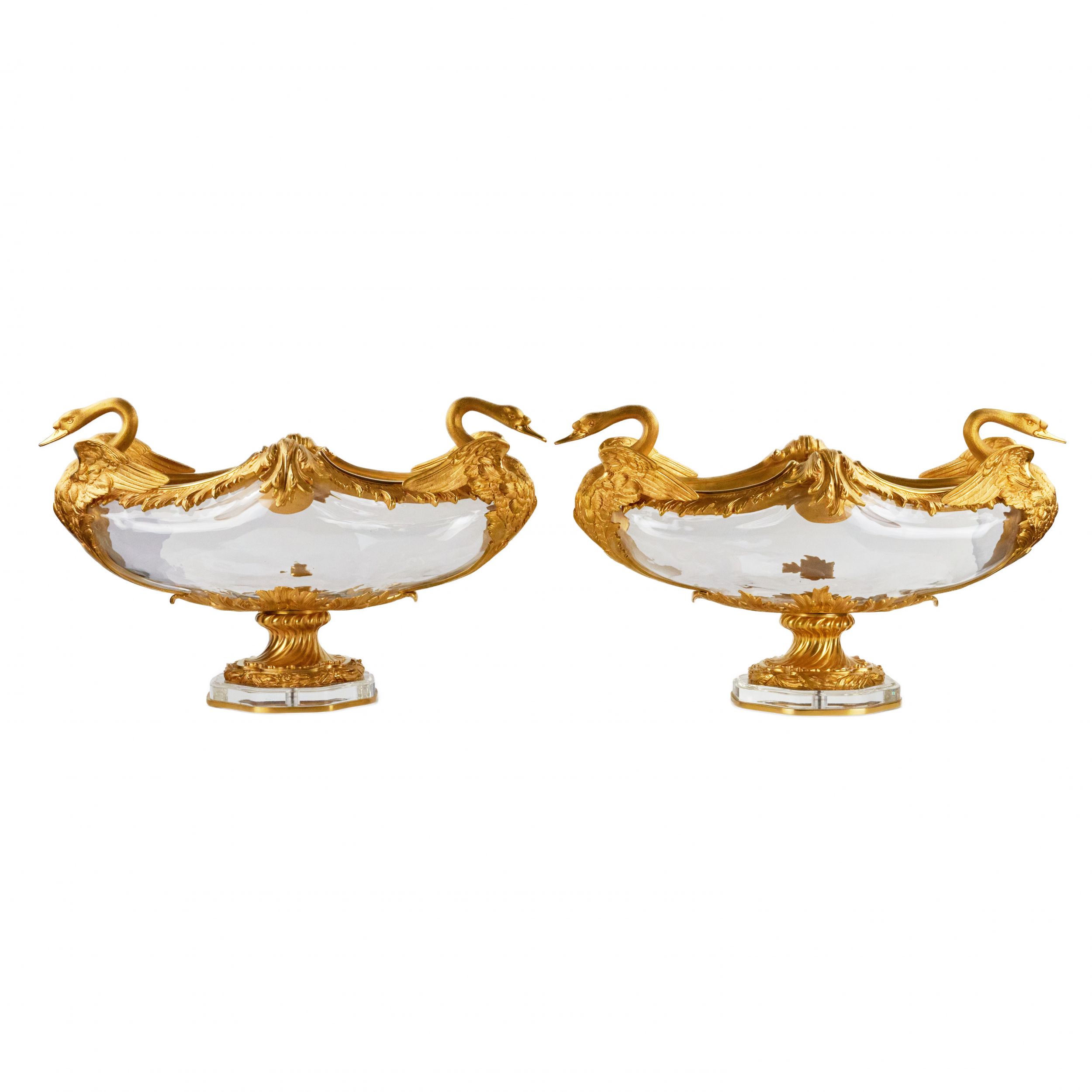 Pair-of-oval-vases-in-cast-glass-and-gilt-bronze-with-swan-motif-