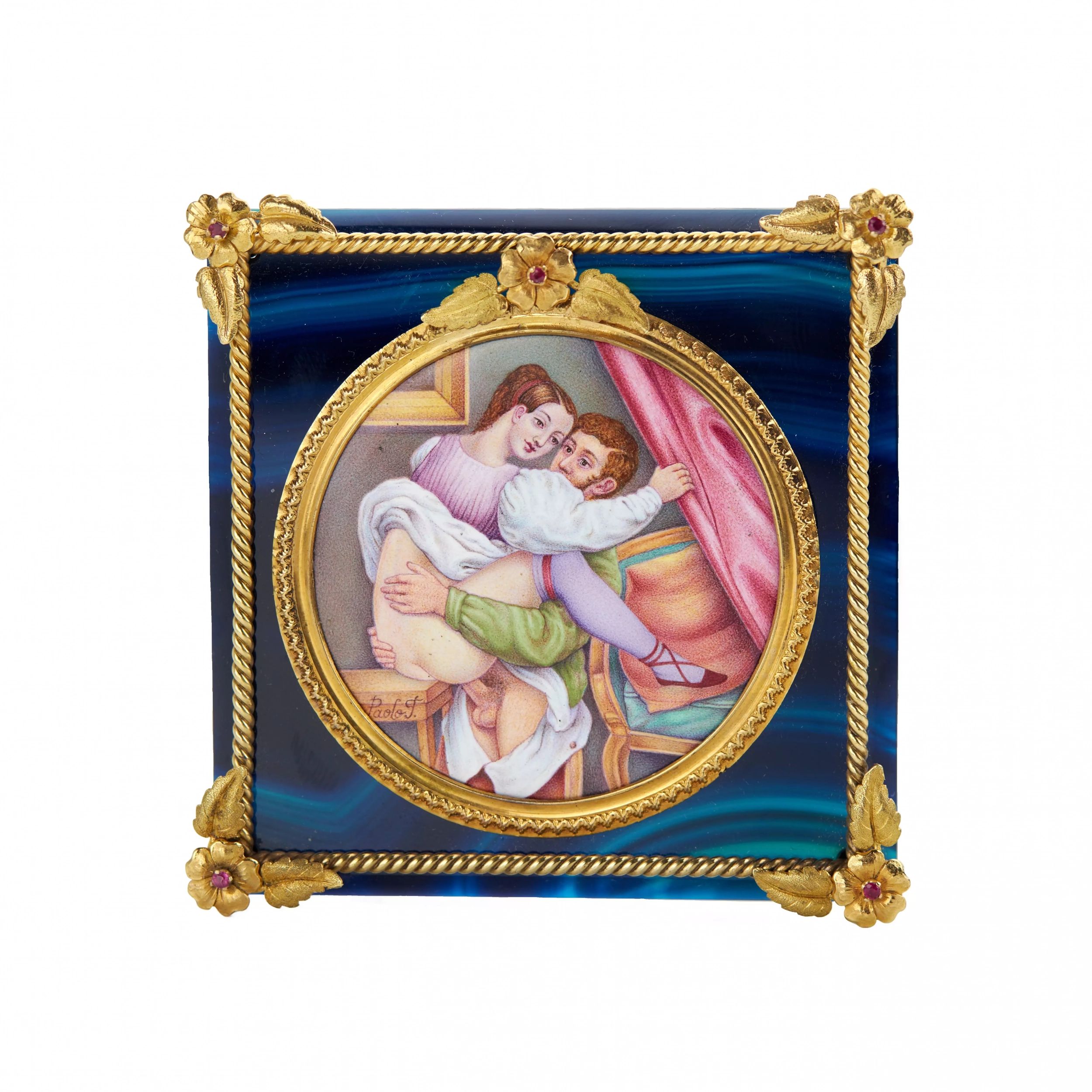 Erotic-enamel-miniature-in-a-gold-frame-on-a-tinted-agate-plate-19th-century-
