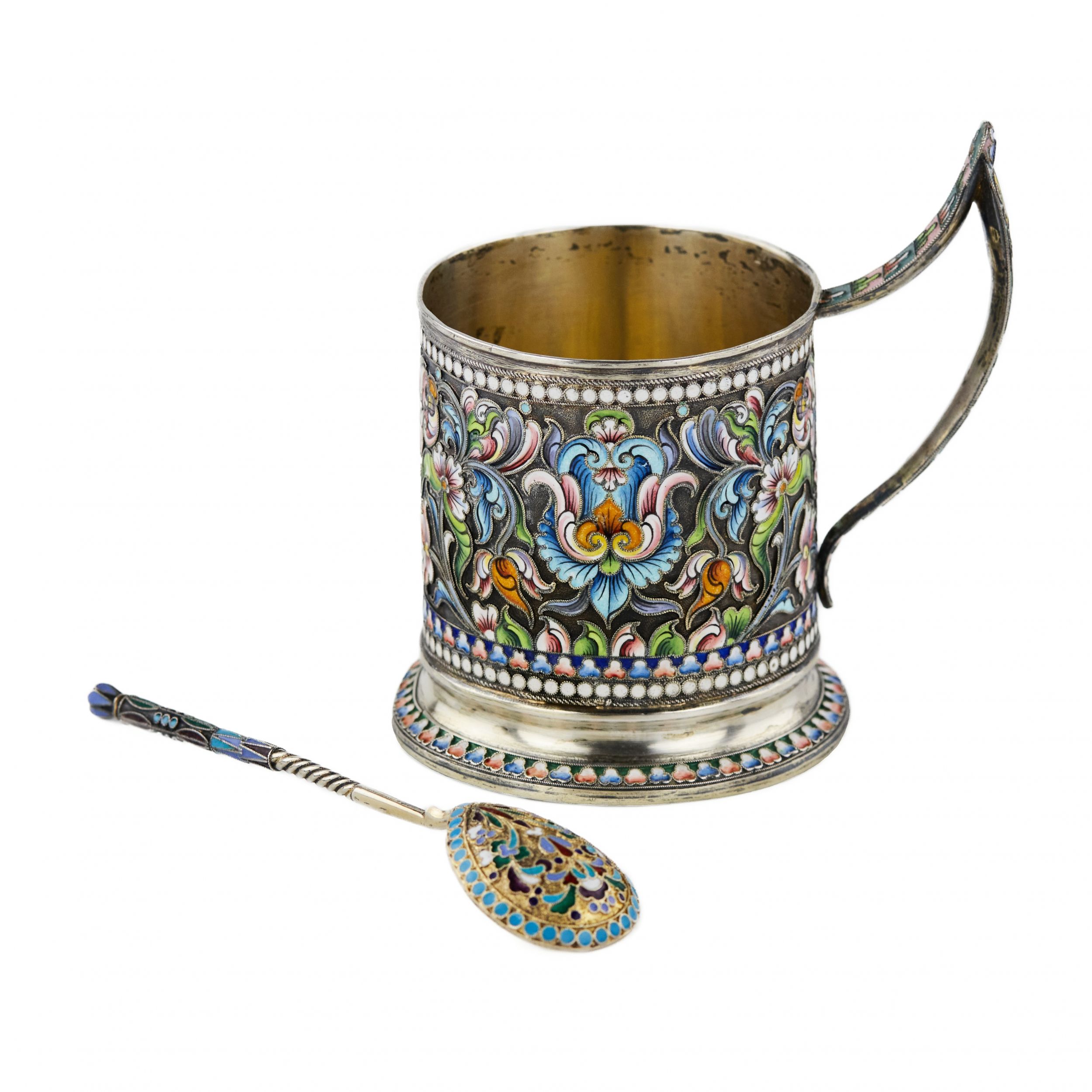 Silver-glass-holder-with-a-spoon-decorated-with-cloisonne-enamel-Moscow-1908-1917