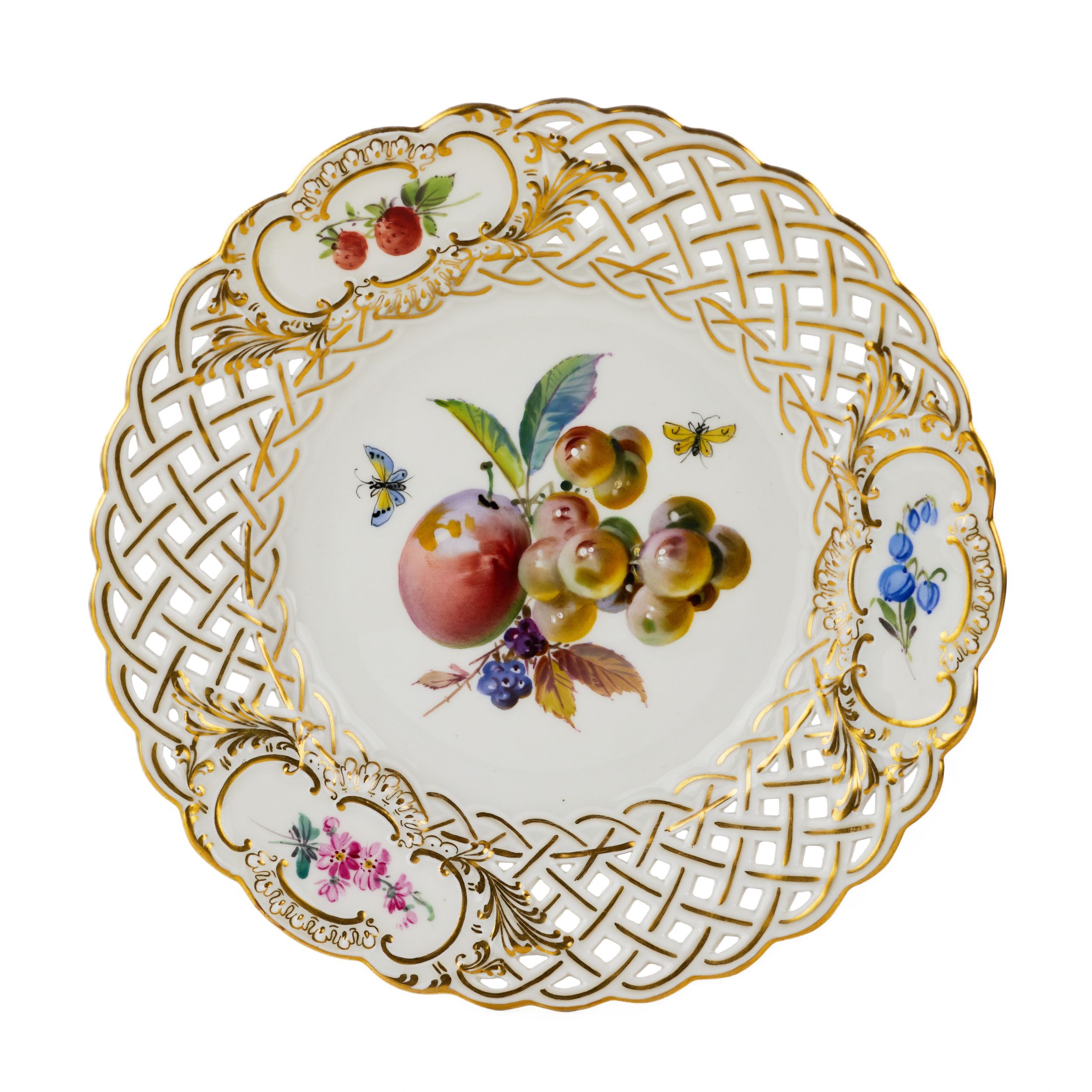 Assiette-à-dessert-en-porcelaine-décorée-d`images-de-baies-et-de-fruits-Meissen-Après-1934-