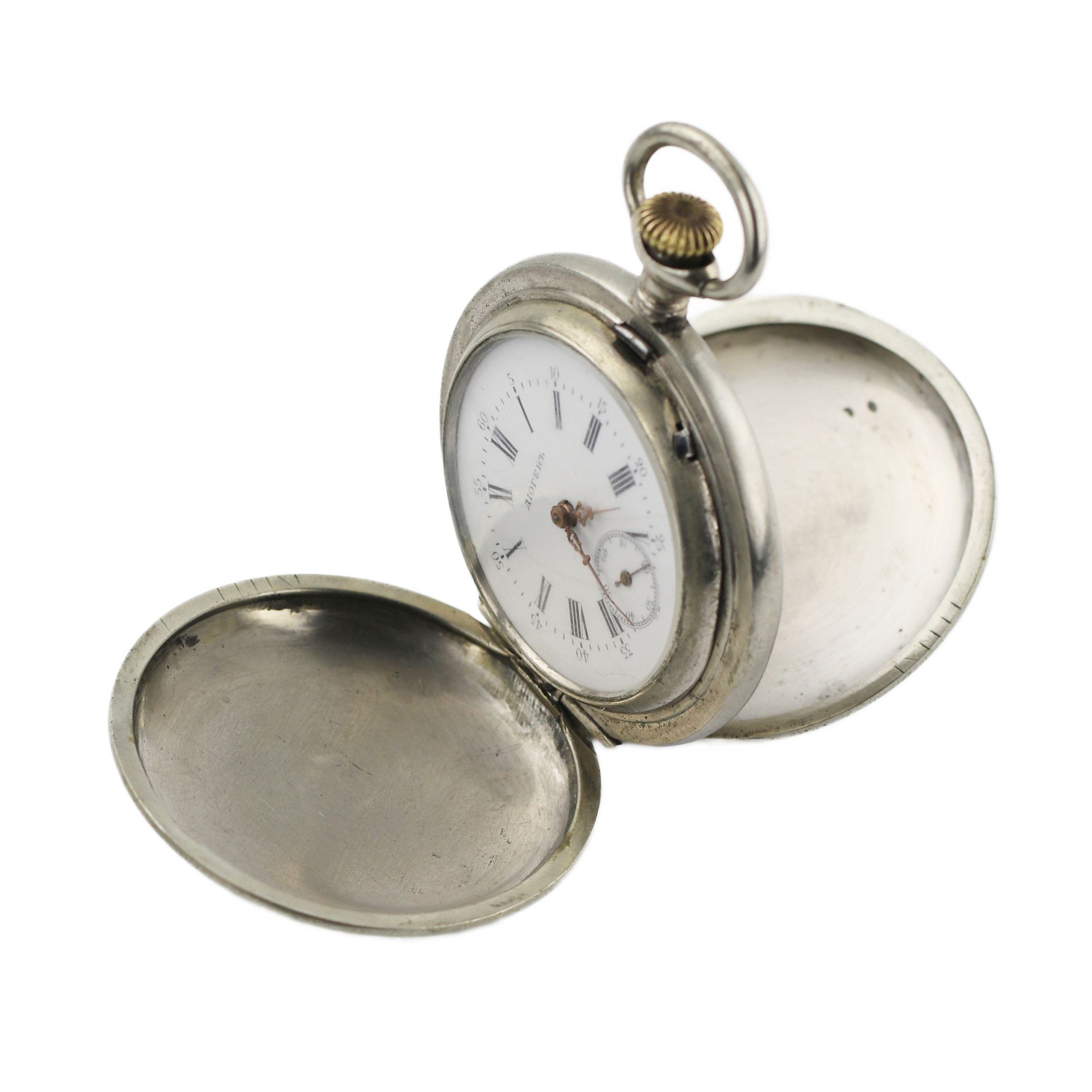 Russian pocket watch with blackened metal pattern. Diogenes company. Early 20th century. Antiqon Marketplace
