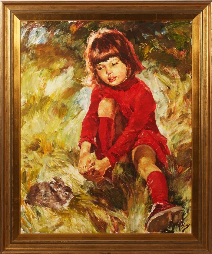 Painting "Girl with a Rabbit" CHARLES ROKA (1912-1999)
