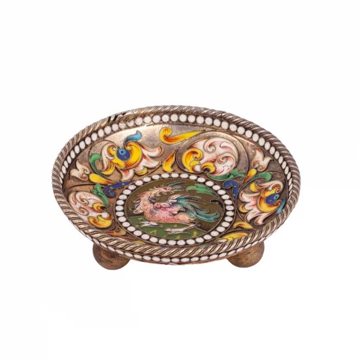 Russian silver saucer on the legs. Fedor Ryukert 19th century.