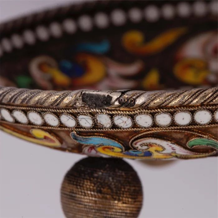 Russian silver saucer on the legs. Fedor Ryukert 19th century.