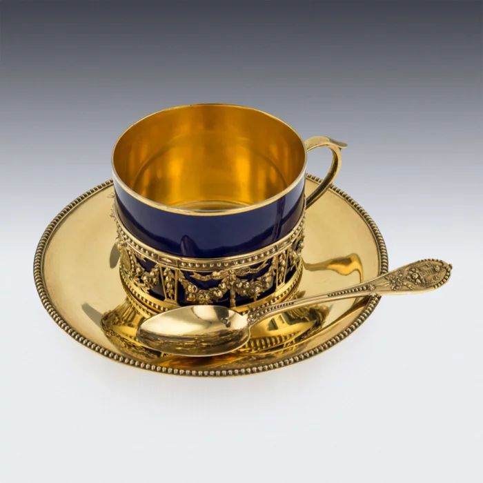 ANTIQUE 19th FRENCH ODIOT SOLID SILVER-GILT TEA CUP SET, PARIS c.1860