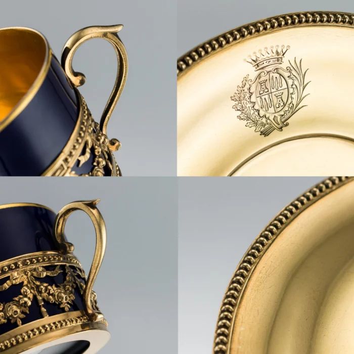 ANTIQUE 19th FRENCH ODIOT SOLID SILVER-GILT TEA CUP SET, PARIS c.1860