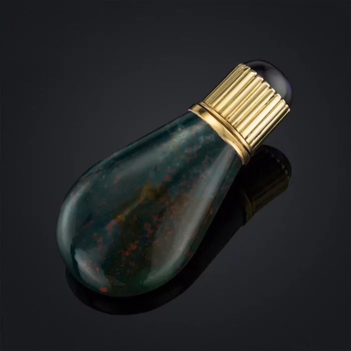 ANTIQUE 20thC CONTINENTAL 14K GOLD-MOUNTED HARDSTONE SCENT BOTTLE c.19
