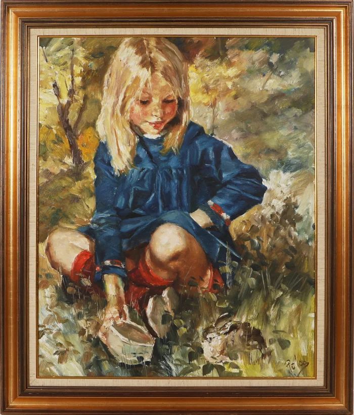 Peinture à lhuile "Fille au lapin" de Charles Roka