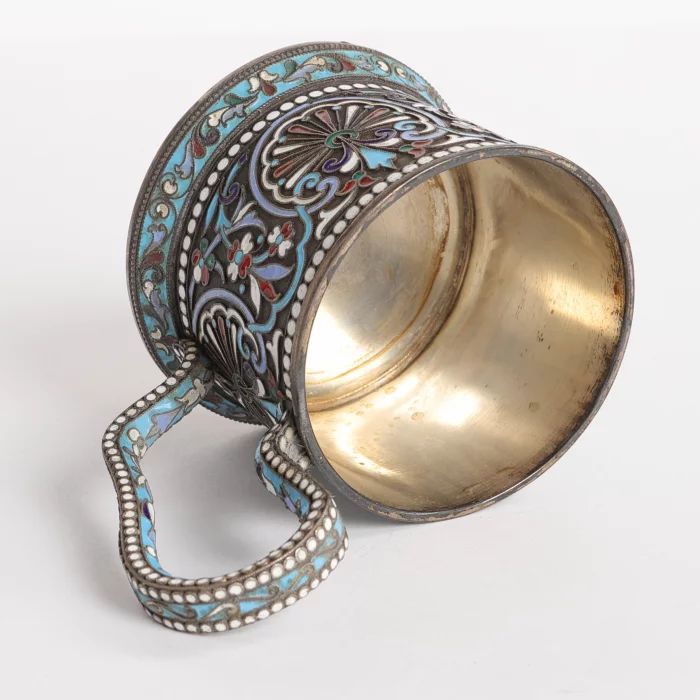 Russian silver cloisonne enamel glass holder. 