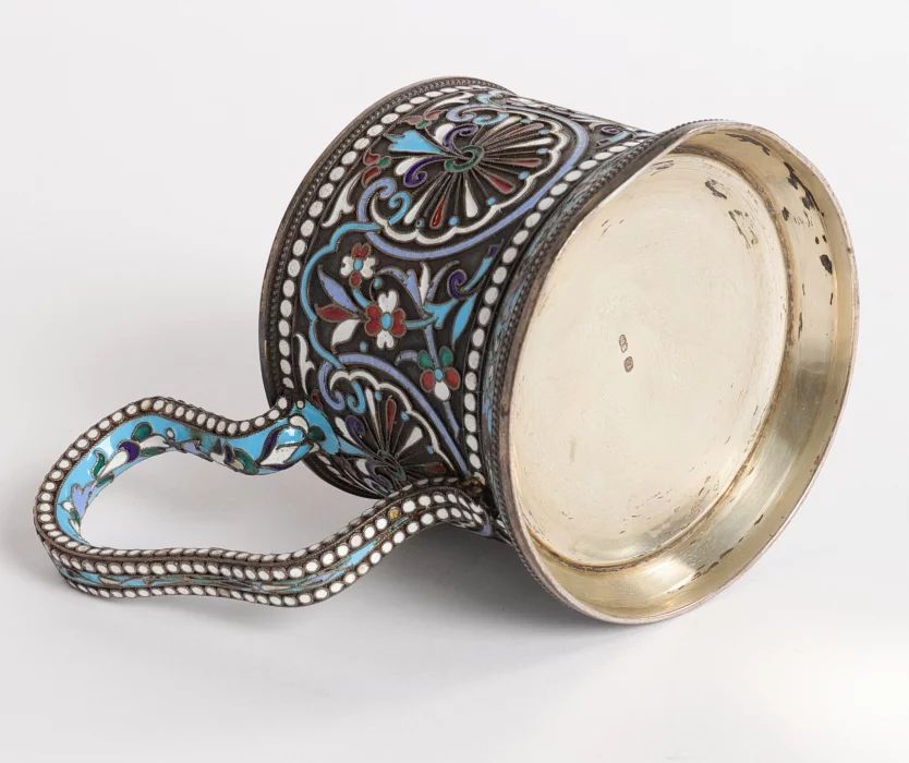 Russian silver cloisonne enamel glass holder. 