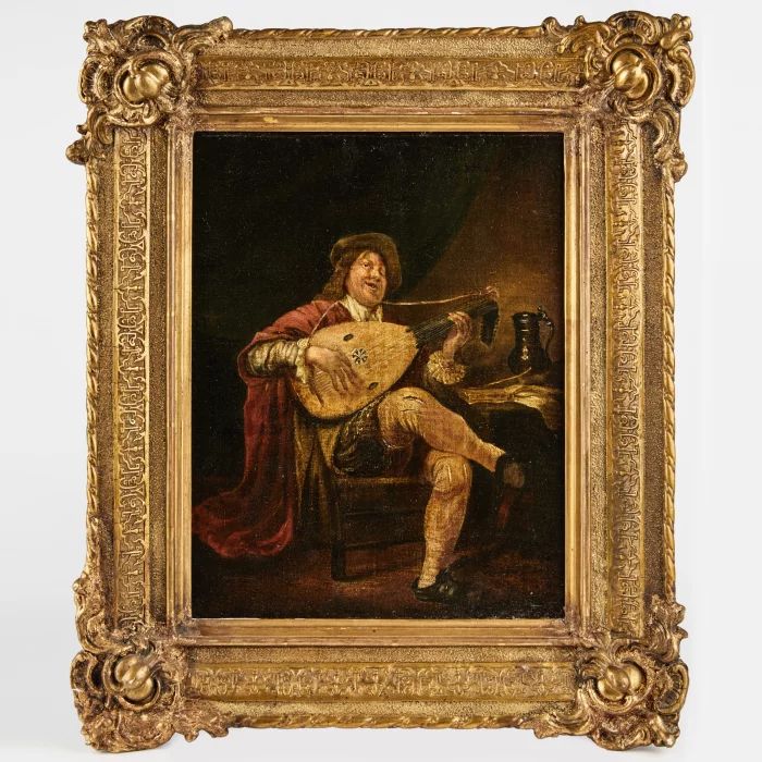 Peinture "Le joueur de luth" dans le style de lartiste Jan Steens. 