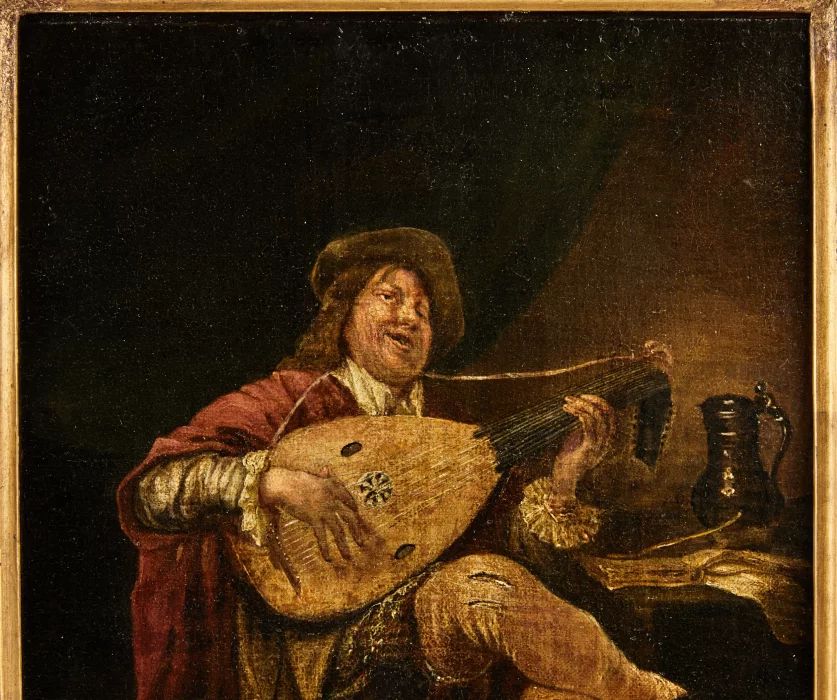 Peinture "Le joueur de luth" dans le style de lartiste Jan Steens. 