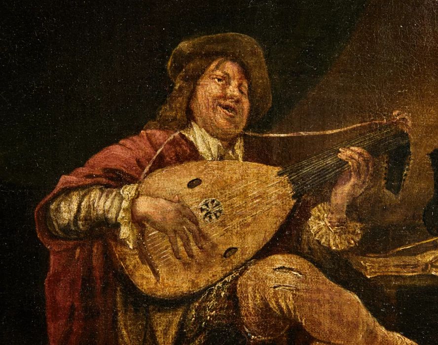 Peinture "Le joueur de luth" dans le style de lartiste Jan Steens. 