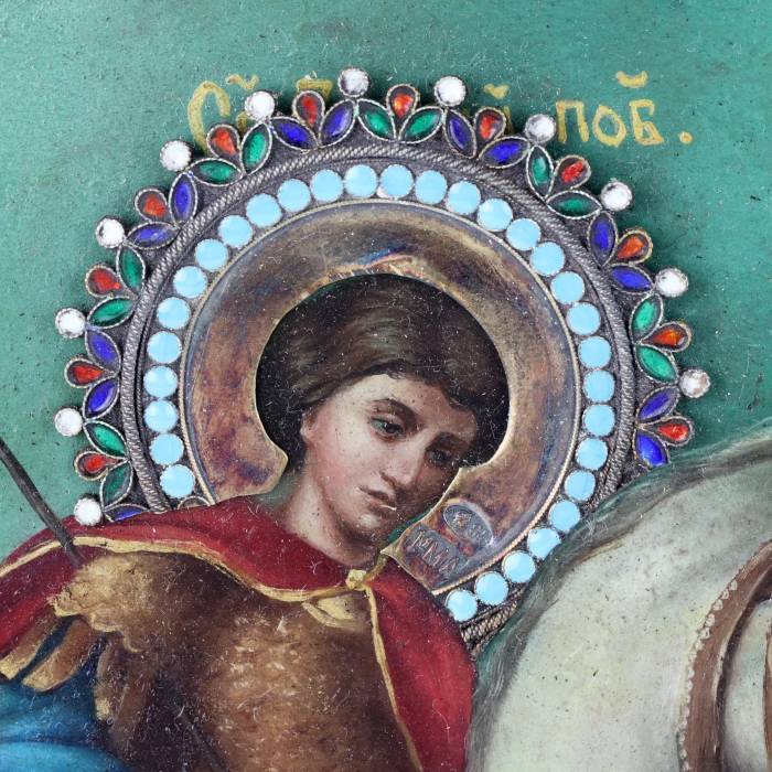 Icon of George the Victorious in a silver setting, with enamels of the 1st Moscow artel. 