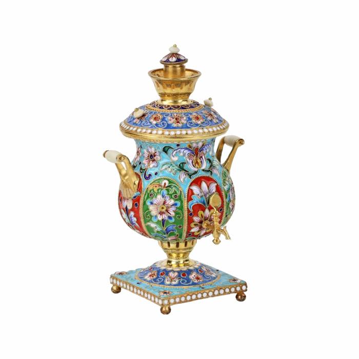 Silver, gilded, with painted enamels samovar.