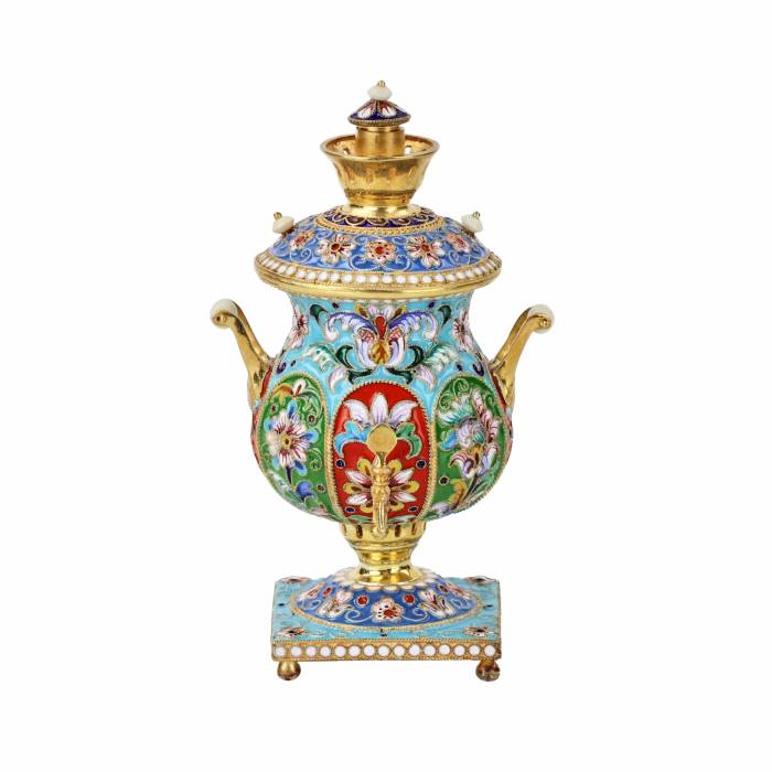 Silver, gilded, with painted enamels samovar.