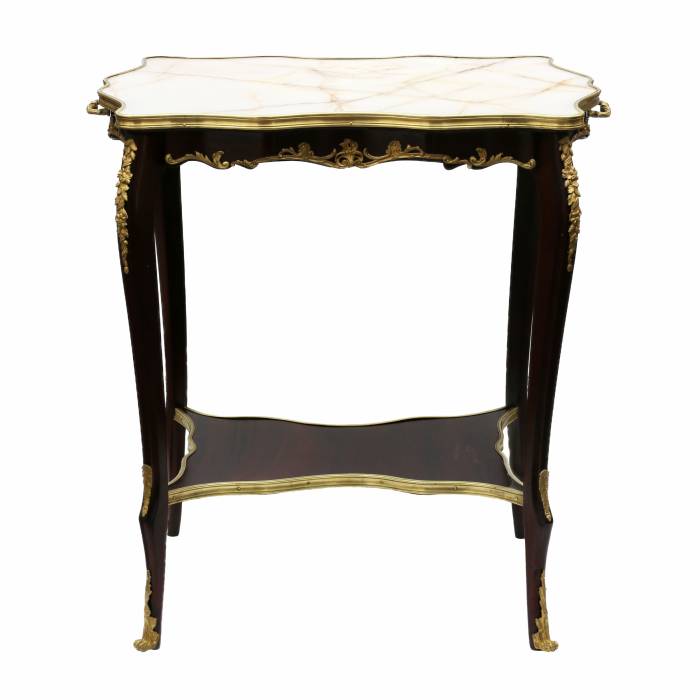 Serving table mahogany, gilded bronze with a marble top of the turn of the 19th and 20th centuries. 