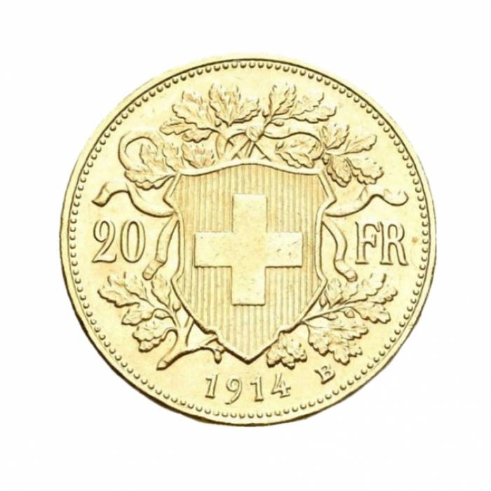 Золотая швейцарская монета 20 франков 1914 г. 