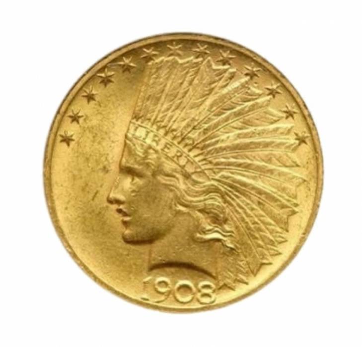 Divas 1908. un 1926. gada zelta monētas 10 USD vērtībā Indijas galvas. 