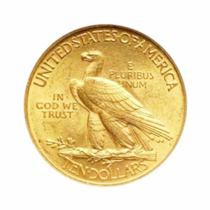 Divas 1908. un 1926. gada zelta monētas 10 USD vērtībā Indijas galvas. 