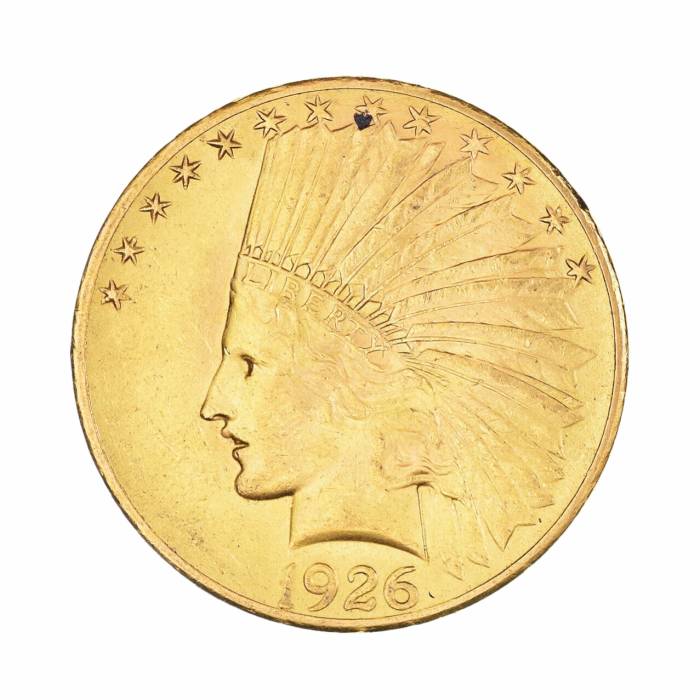 Deux pièces de 10 $ en or representant une tête indienne de 1908 et 1926. 