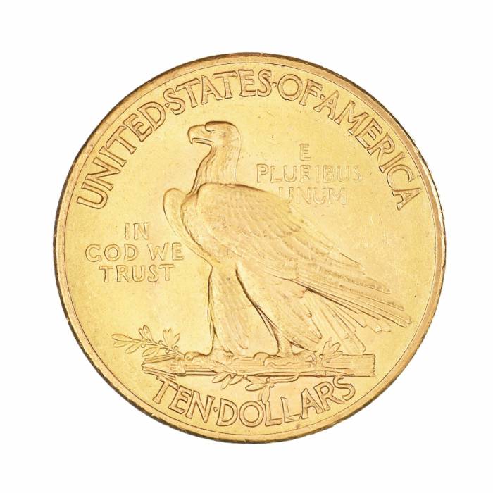 Две золотые монеты номиналом 10 долларов с головой индейца 1908 и 1926 годов.