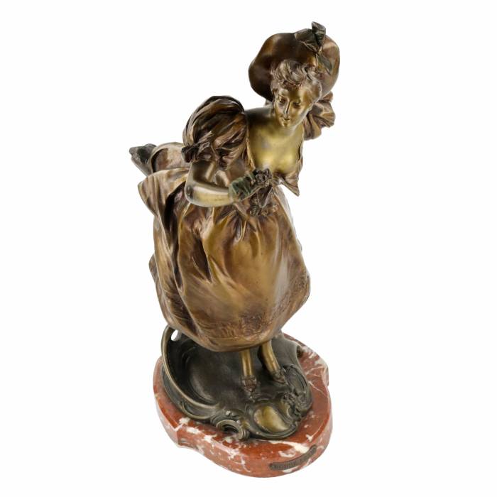 French, bronzed metal figure on a marble base. Happy holiday. 