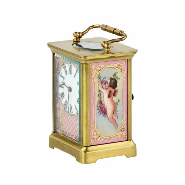 French carriage clock with porcelain painting, neo-rococo style. The turn of the 19th-20th centuries. 