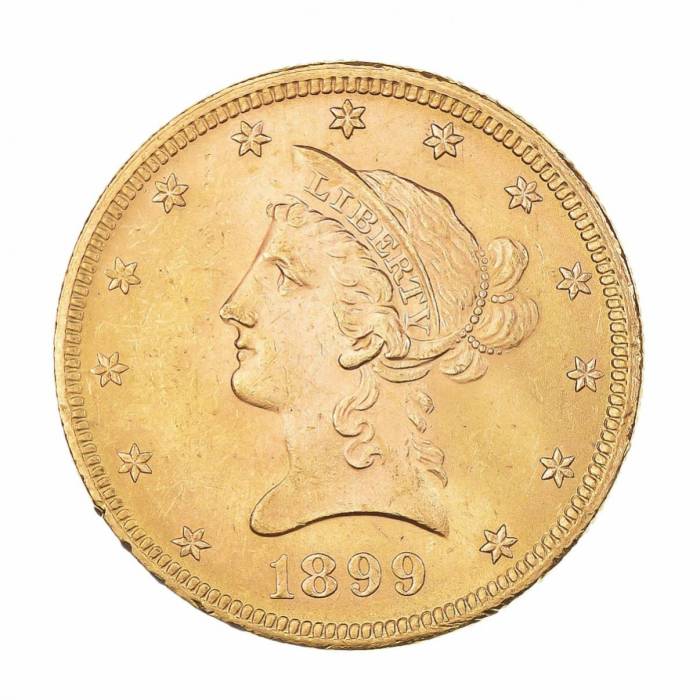 1899. gada 10 Liberty dolāru monēta ---- 1899 10 Liberty dolāra monēta A: Liberty galva pa kreisi A: priekšējais ērglis Materiāls: zelts 9001000 Svars: 50,15 grami